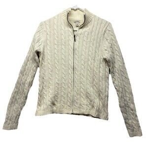 LL Bean Cable Knit Zip Up Sweater Women's  Small Fisherman Chunky Classic Cream